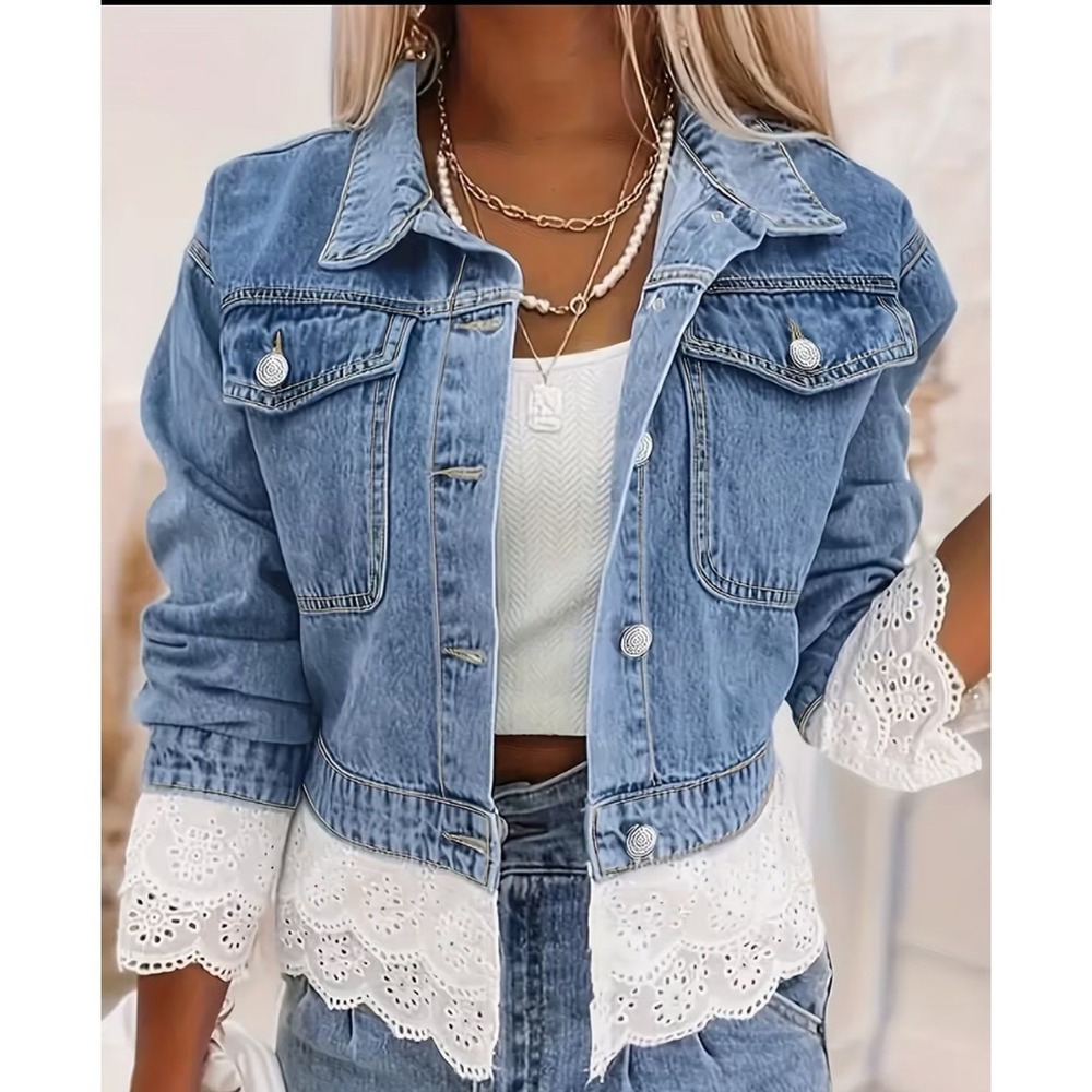Denim‎ Jacket White Lace Trim Cropped Blue Jean Fashion Womens